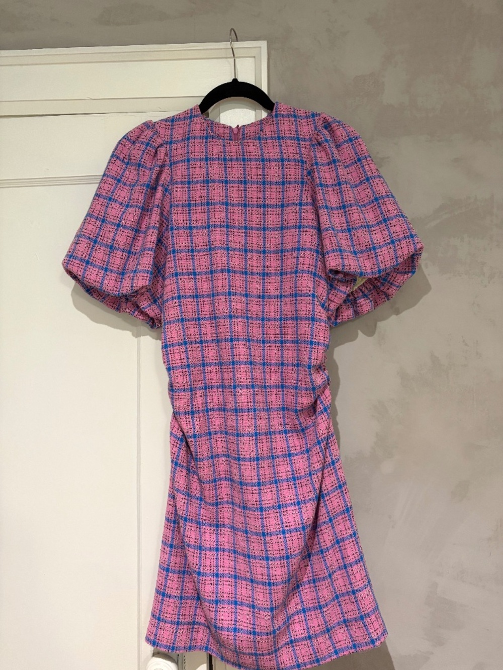 Ganni Pink Checked Plaid Tweed Puff Sleeve Mini Dress Coquette Barbie Clueless